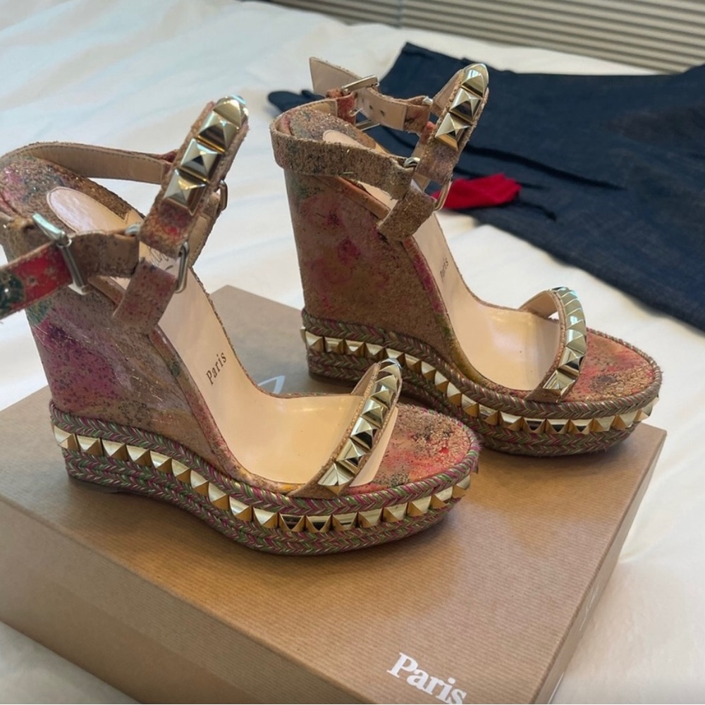 Christian Louboutin Cataclou Blooming Cork
Wedge Sandal Multi/Light Gold